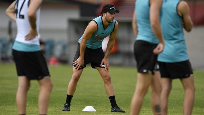 Boak at his first training session since stepping down as Power captain last Friday. Picture: Kelly Barnes.