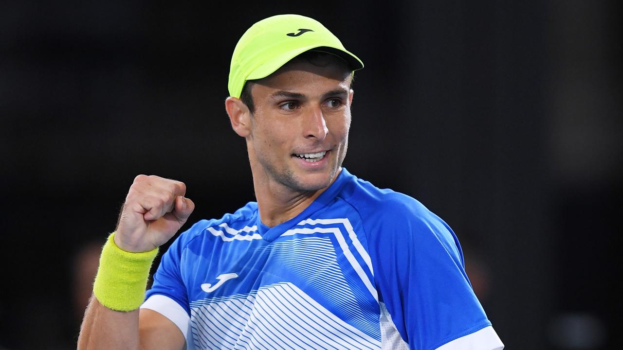 ADELAIDE, AUSTRALIA - JANUARY 13: Aleksandar Vukic of Australia celebrates winning the first set in his match against Thanasi Kokkinakis of Australia during day five of the 2022 Adelaide International at Memorial Drive on January 13, 2022 in Adelaide, Australia. (Photo by Mark Brake/Getty Images)