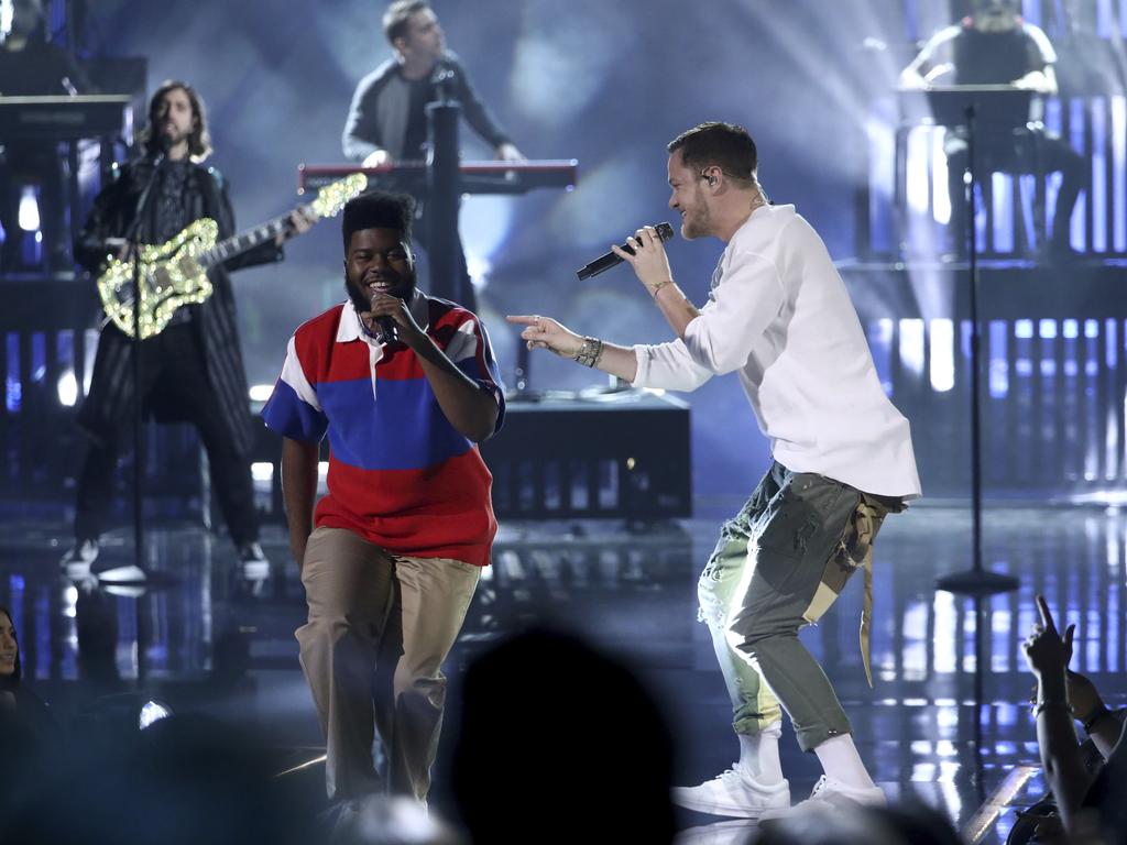 Khalid and Dan Reynolds, of Imagine Dragons perform onstage during the 2017 American Music Awards at Microsoft Theater on November 19, 2017 in Los Angeles, California. Picture: AP