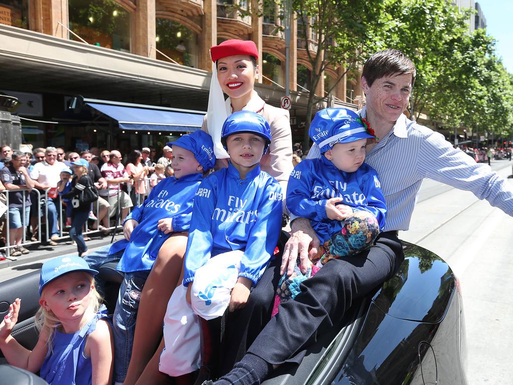 Melbourne Cup Parade. Jockey Craig Williams with children Summer, Harrison and Isobel. Picture: Ian Currie