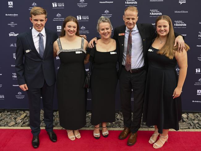 The Scolyer family – Matthew, 17, Emily, 19, Katie, Richard and Lucy, 16, at the 2024 Australian of the Year awards in Canberra. Picture: NCA NewsWire/Martin Ollman