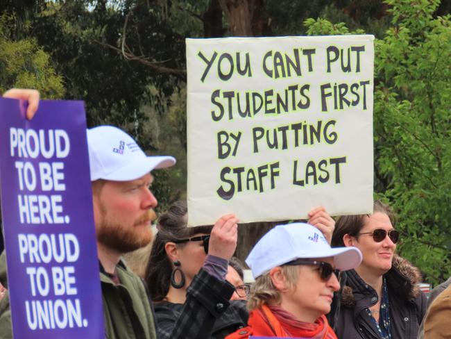 Staff at Federation University's Mount Helen campus on strike on Thursday.