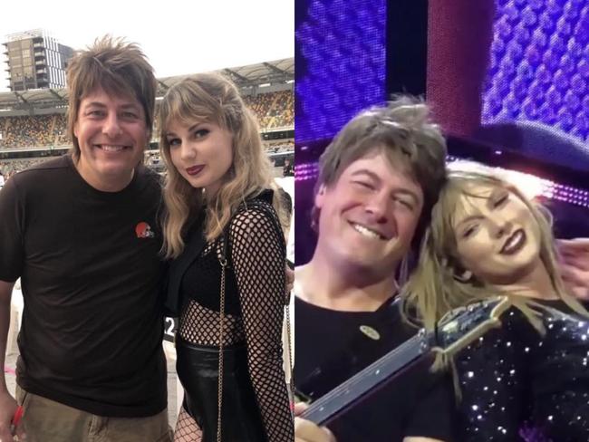 Teegan Jarratt (left photo) with Swift's guitarist Paul Sidoti and Sidoti with Taylor Swift.