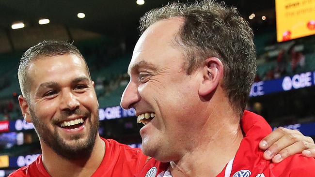 Sydney's Lance Franklin with Sydney Swans coach John Longmire during AFL match between the Sydney Swans and West Coast Eagles at the SCG on June 9, 2019. Picture. Phil Hillyard