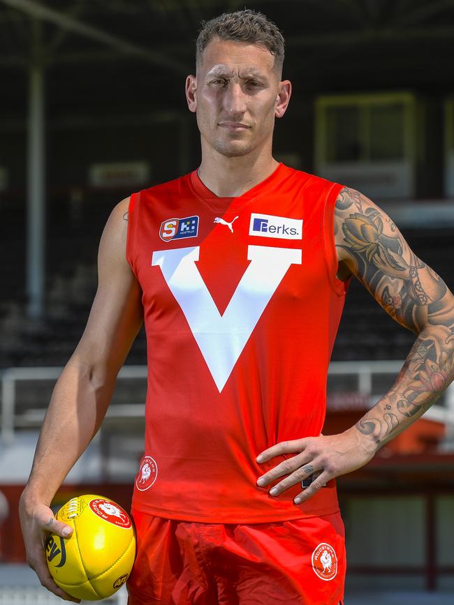 New North Adelaide SANFL recruit Jesse White in his new guernsey at Prospect Oval. Picture: Roy VanDerVegt