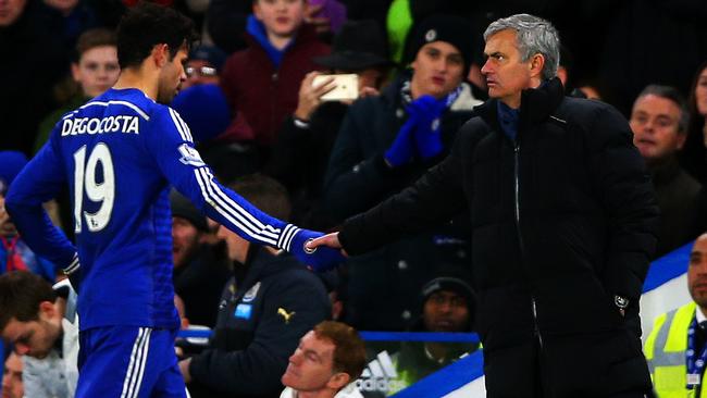 Jose Mourinho, former manager of Chelsea shakes hands with Diego Costa.
