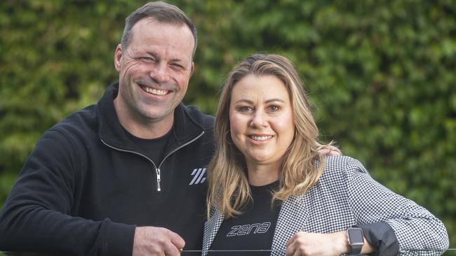 Western Bulldogs royalty Brad and Donna Johnson have developed a vest that will prevent breast knock injuries. Picture:Rob Leeson.