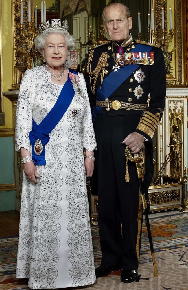 2012: In this portrait taken to mark the 60th anniversary of The Queen's Accession, Her Majesty is wearing a State Dress by the designer Angela Kelly, the State Diadem Crown and Queen Victoria's Collet Necklace, worn by Queen Victoria on the occasion of her own Diamond Jubilee. Picture: Australscope