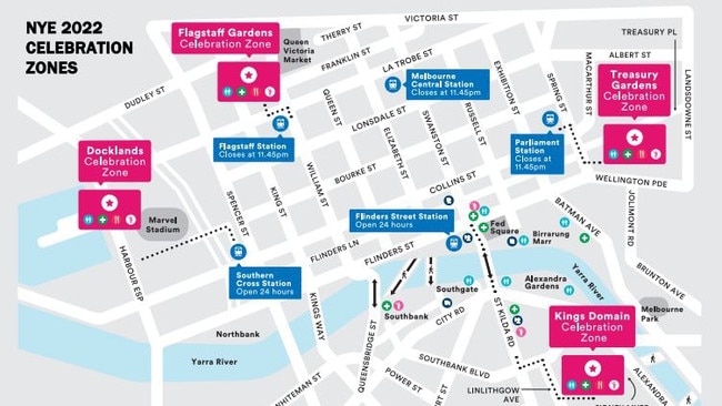 New Year's Eve celebration zones. Supplied: City of Melbourne