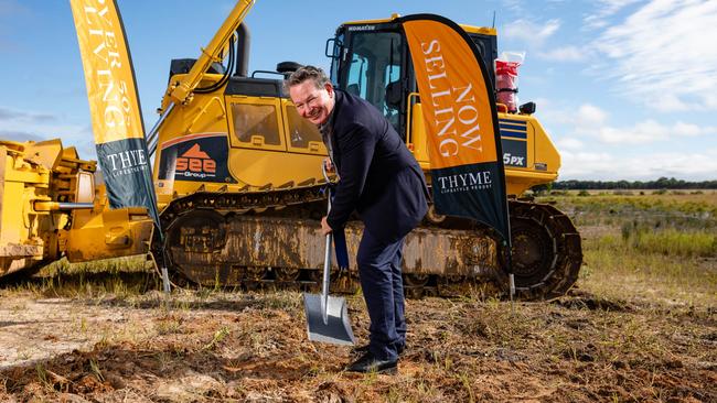 Serenitas chief executive Rob Nichols turns a sod on the new Thyme Lifestyle Resort at Evans Head in NSW.