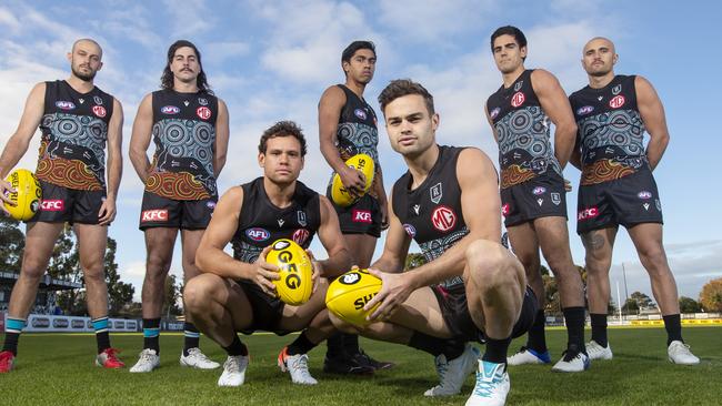 Port Adelaide indigenous players Jarrod Lienert, Lachie Jones, Steven Motlop, Trent Burgoyne, Karl Amon, Joel Garner and Sam Powell-Pepper. Picture: Simon Cross