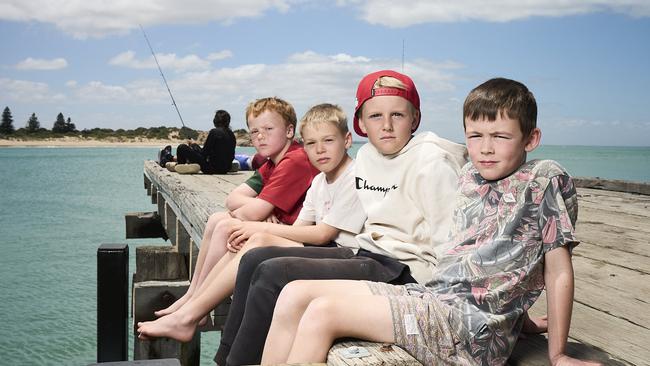 Locals, Oliver Turner, 6, Riley Gray, 8, Khai Tinwell, 9, and Mason Turner, 7, in Port Elliot, were disappointed when the pontoon was removed last year. Picture: Matt Loxton