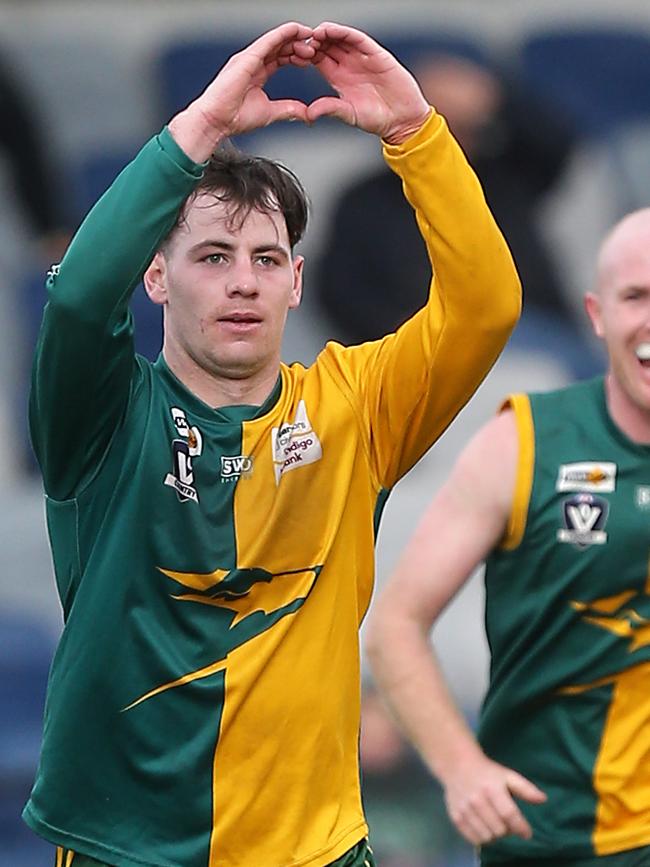 Gordon’s Billy Griffiths celebrates a goal in the grand final. Picture: Yuri Kouzmin