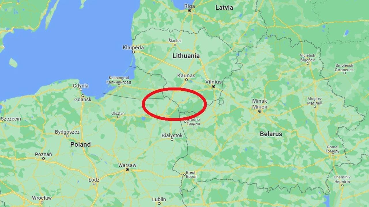 Just a thin sliver of land, the Suwalki Gap divides Belarus from Russia’s Kaliningrad exclave. Picture: Google