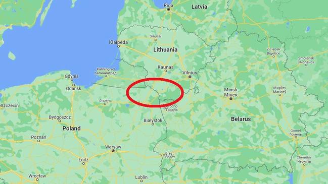 Just a thin sliver of land, the Suwalki Gap divides Belarus from Russia’s Kaliningrad exclave. Picture: Google