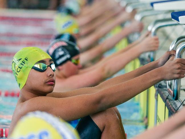 Nightcliff’sAndrei Dans prepares for the 50m backstroke to start. Picture: Glenn Campbell