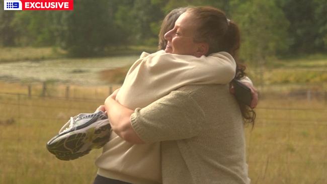 Kathleen Folbigg hugs Tracy Chapman, her childhood friend and longtime advocate, on a property on the North Coast of NSW on Monday. Picture: 9 News