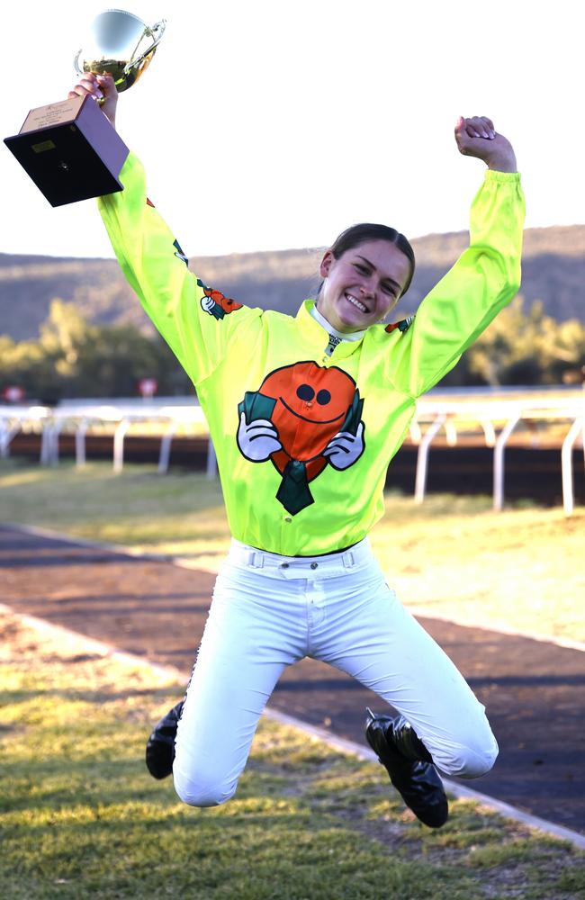 Alice Springs Cup winning jockey Jade Hampson celebrates her win. Picture: Nikki Westover