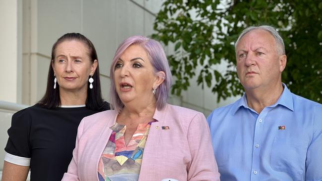 NT Domestic Violence Prevention Minister Robyn Cahill, with Fannie Bay MLA Laurie Zio and Health Minister Steve Edgington, ahead of the findings of a landmark DV inquiry being handed down on Monday November 25, 2024. Picture: Fia Walsh.