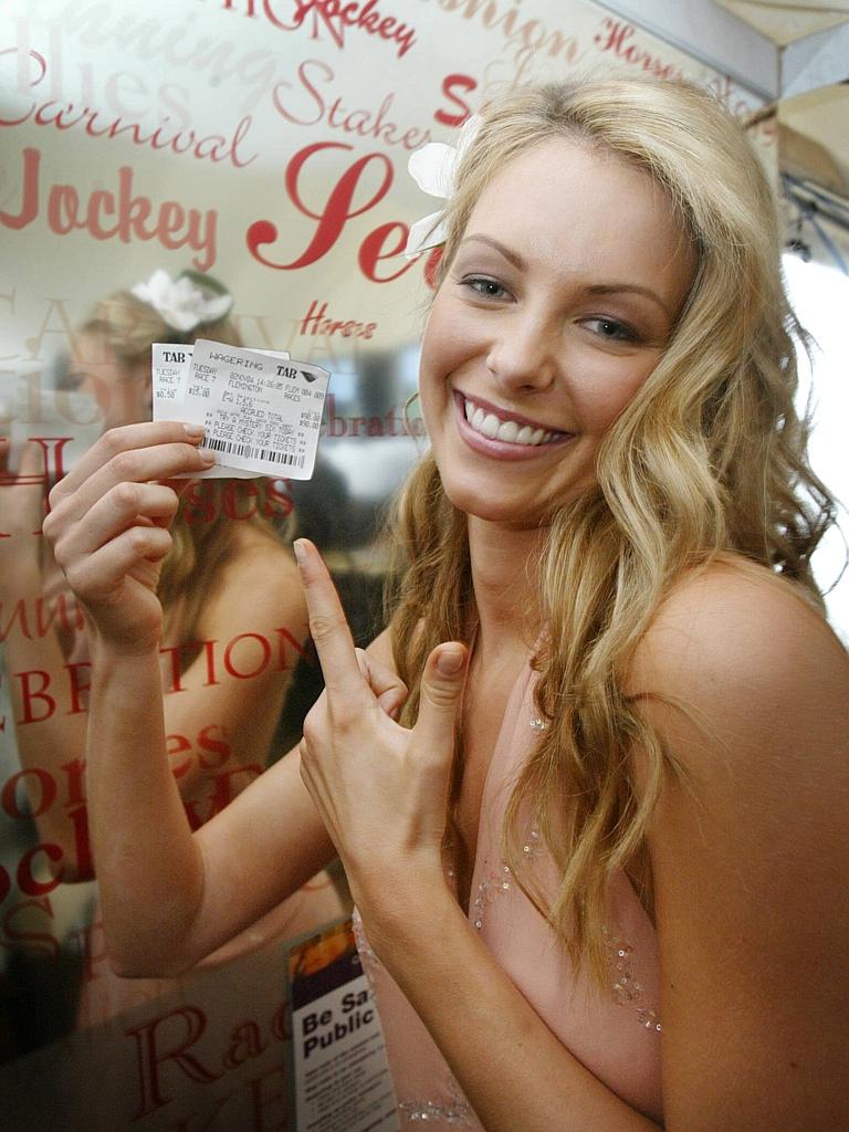 2004: Jennifer Hawkins is just the ticket at the Melbourne Cup. Picture: Alex Coppel