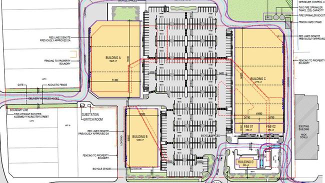 The proposed layout of the amended plans for the bulky goods retail centre where the buildings have become more rectangle and parking dominates the middle. Picture: supplied