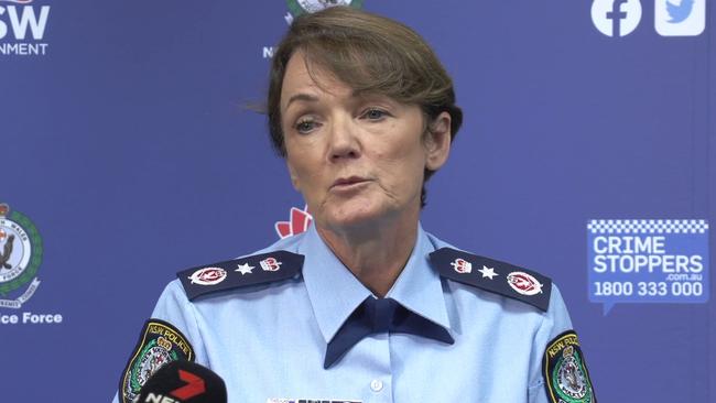 NSW Police Commissioner Karen Webb holds a press conference to discuss the ongoing investigation into the alleged double murder of Jesse Baird and Luke Davies. Picture: NSW Police