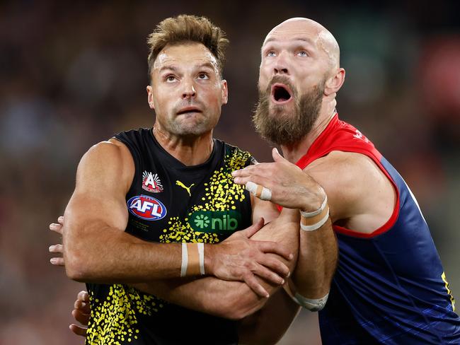MELBOURNE, AUSTRALIA - APRIL 24: Toby Nankervis of the Tigers and Max Gawn of the Demons compete for the ball during the 2024 AFL Round 07 match between the Richmond Tigers and the Melbourne Demons at the Melbourne Cricket Ground on April 24, 2024 in Melbourne, Australia. (Photo by Michael Willson/AFL Photos via Getty Images)