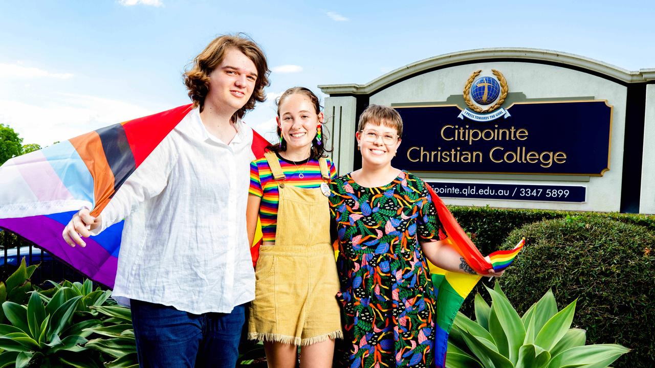 Emmey Leo, Felicity Myers and Bethany Lau gather to protest outside Citipointe Christian College at Carindale in 2022. Picture: Richard Walker