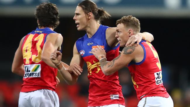 Eric Hipwood celebrates a goal but the Lions need more of them from him. Picture: AFL Photos