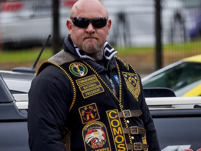 Comanchero Motorcycle Club  President Mick Murray with other members arrive for lunch in  Tooradin. Picture : Ian Currie