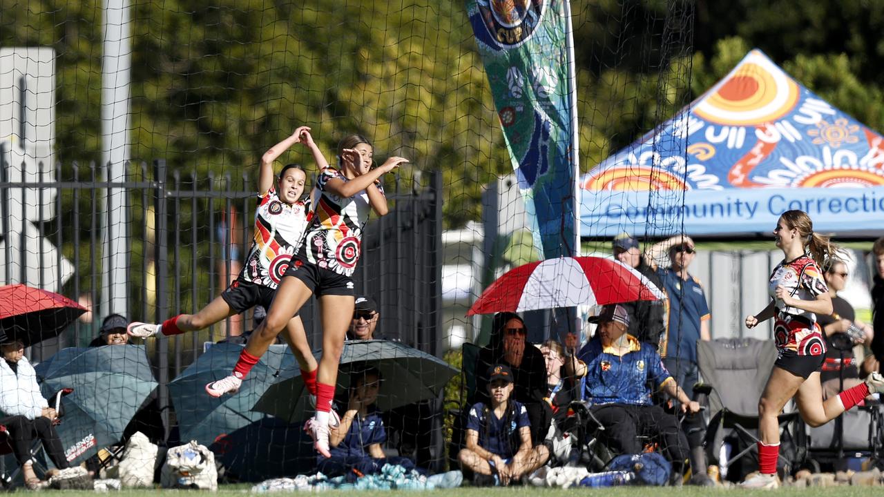 Northern NSW celebrates a goal. Picture: Michael Gorton. U16 Girls NAIDOC Cup at Lake Macquarie Regional Football Facility.