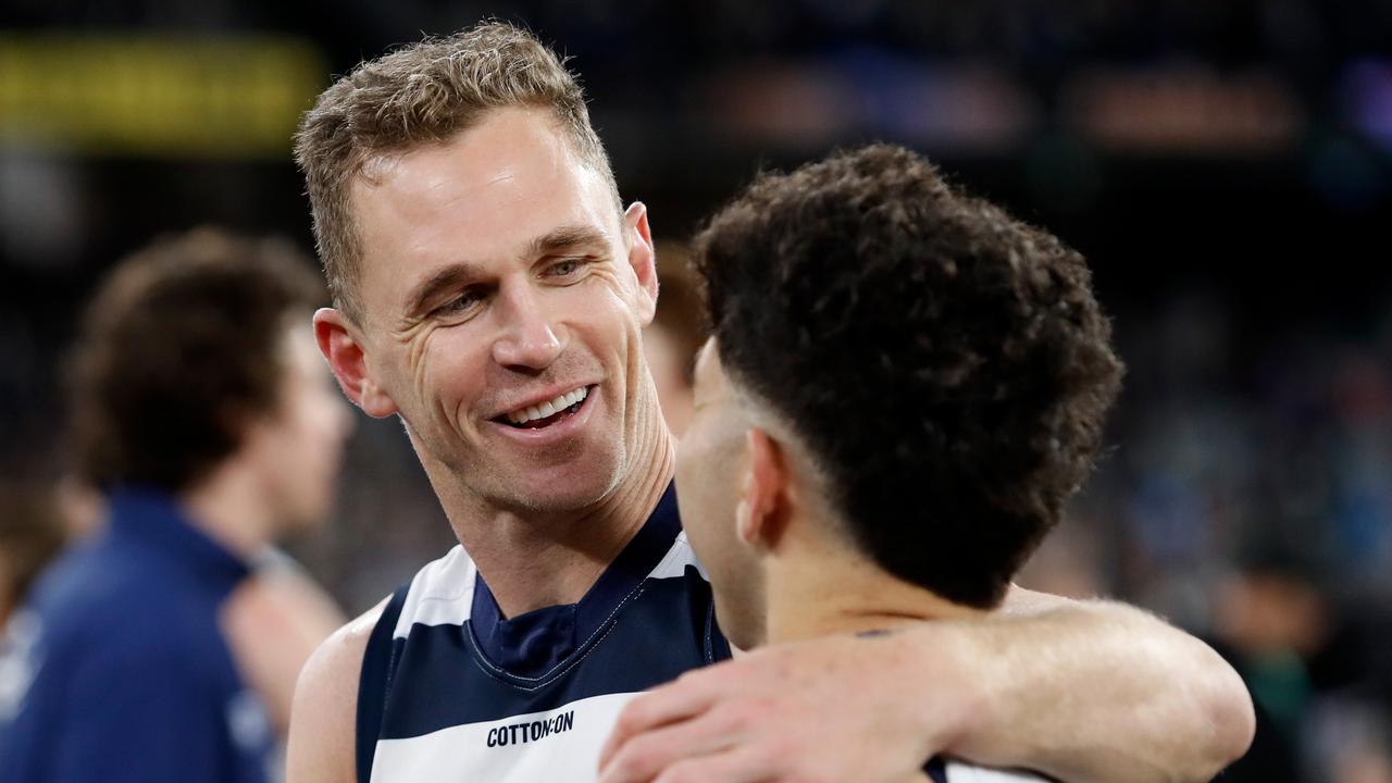 Joel Selwood and Tyson Stengle after Geelong’s preliminary final win.