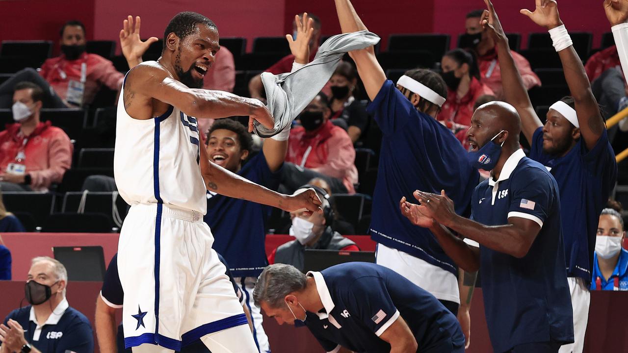 Kevin Durant starts to celebrate during the Men's Basketball Semi Final between Australia and the USA. Picture: Adam Head