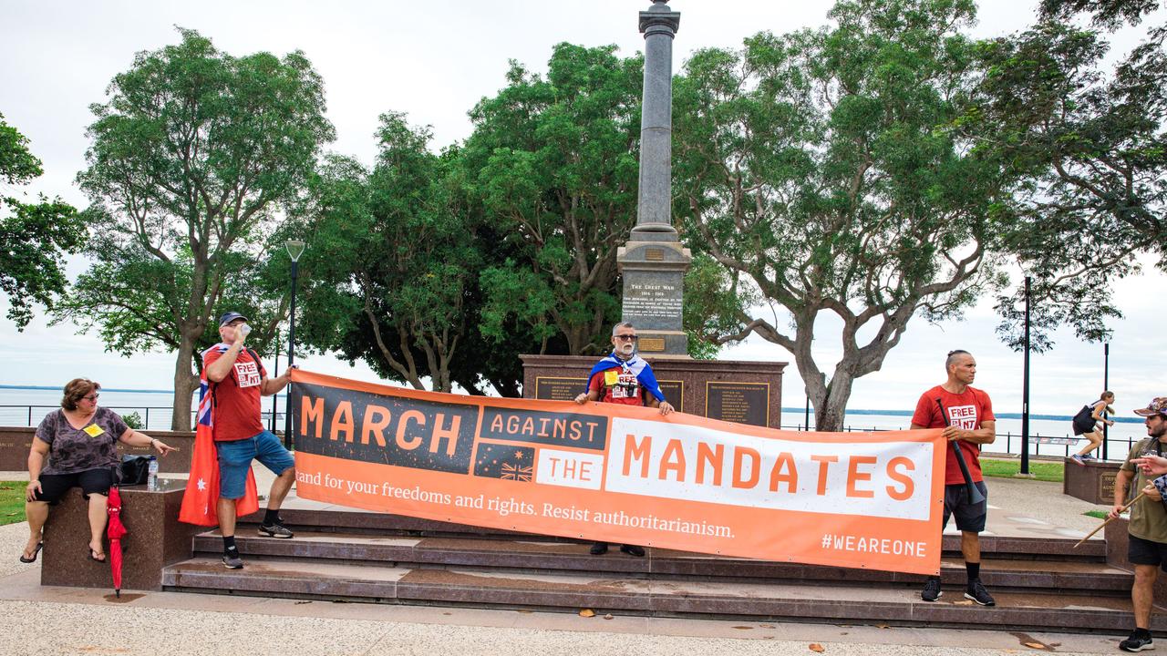 Protesters congregate at the Cenotaph at a Free in the NT march in Darwin. Picture: Glenn Campbell