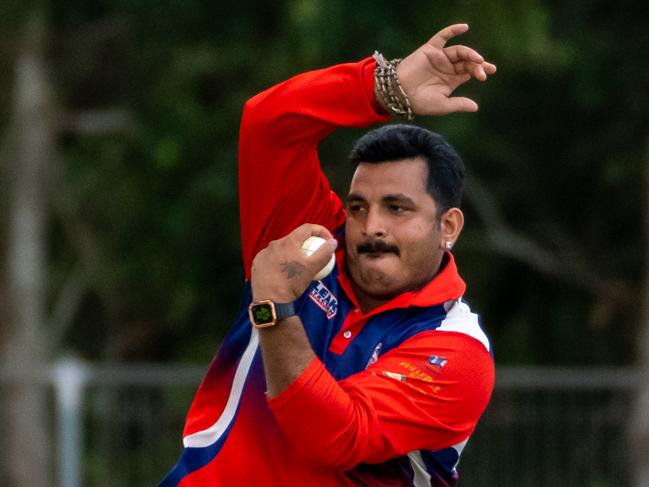 Vicky Lefty of Mulgrave bowls during the Mens A grade match against Norths on Saturday. Picture Emily Barker.