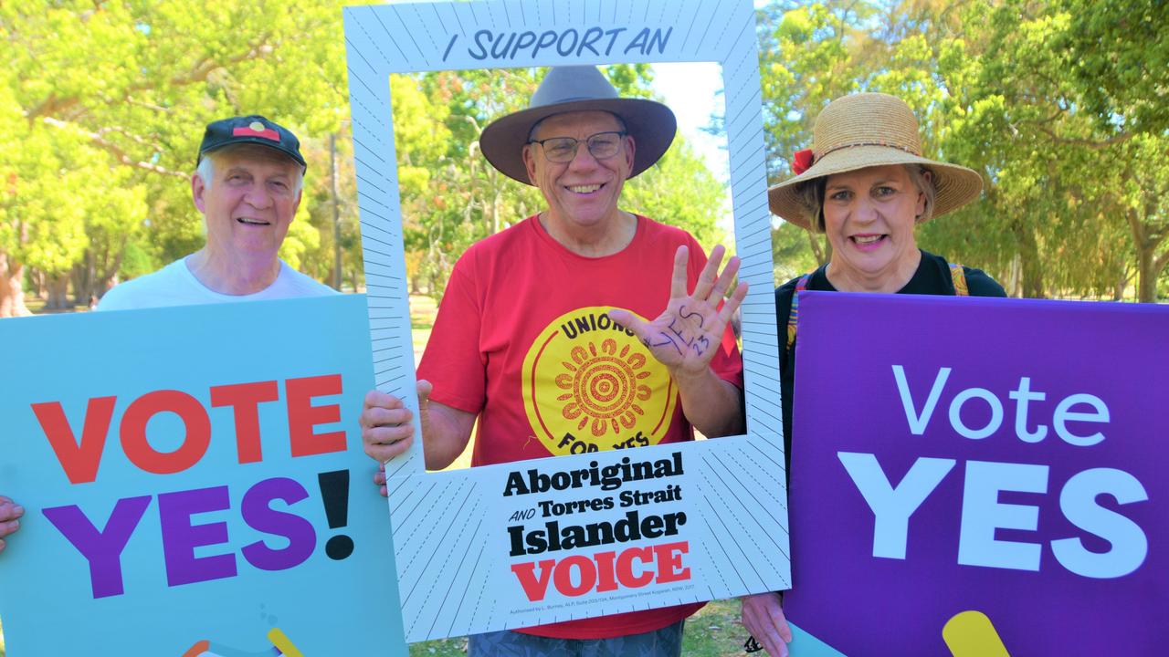 Crowds of people turned out to show their support for the Yes vote for the Voice to Parliament at a Toowoomba march. Picture: Rhylea Millar