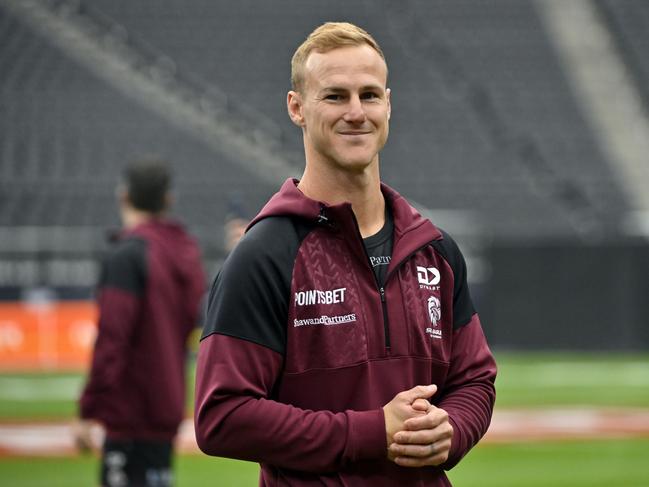 Manly Warringah Sea Eagles captain Daly Cherry-Evans looks on during the captainÃ¢â&#130;¬â&#132;¢s run at Allegiant Stadium on Friday, March 1, 2024, in Las Vegas. (Photo by David Becker)