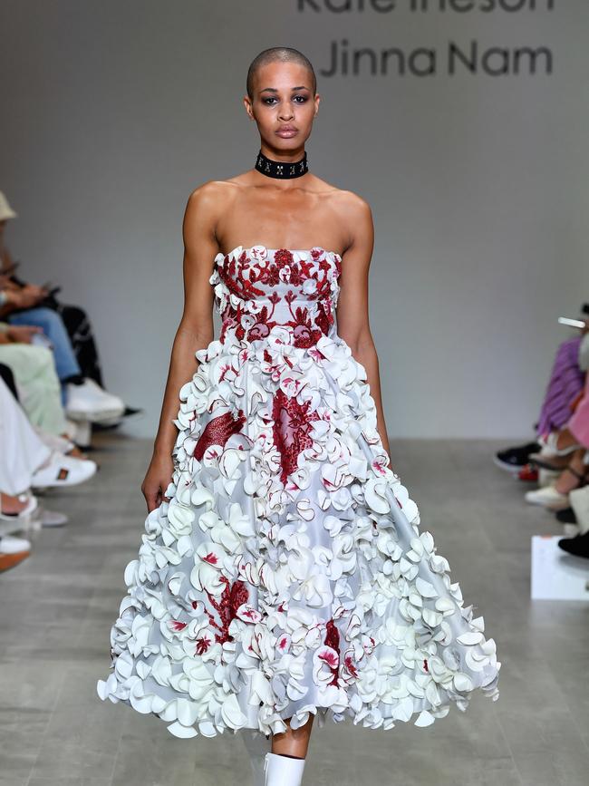 One of George’s gowns hits the runway at fashion week. Picture: Stefan Gosatti/Getty Images