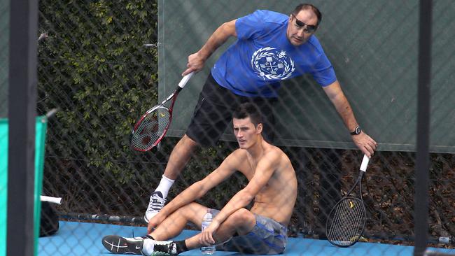Bernard Tomic training with father John Tomic. Picture: Richard Gosling