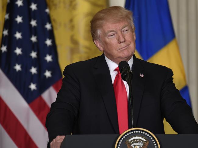 US President Donald Trump and Swedish Prime Minister Stefan Löfven hold a joint press conference at the White House on March 6, 2018, in Washington, DC.  / AFP PHOTO / SAUL LOEB