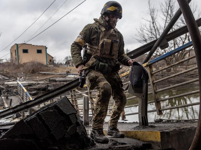 A member of the Ukrainian military amid fighting in Bucha and Irpin on March 3, 2022. Picture: Chris McGrath/Getty Images