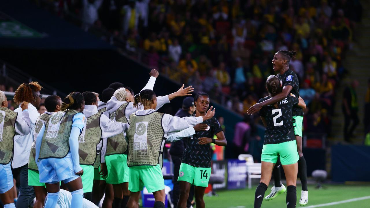 Nigeria celebrates their second goal during the FIFA WomenÃ&#149;s World Cup group stage match between Australia and Nigeria at Brisbane Stadium. Picture Lachie Millard