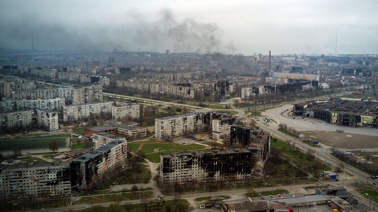 An aerial view in April 12, 2022, shows Mariupol, almost completely destroyed by the Russian military invasion of Ukraine. Picture: AFP