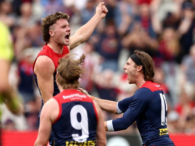 MELBOURNE, AUSTRALIA - APRIL 19: Harvey Langford of the Demons celebrates a goal during the round six AFL match between Melbourne Demons and Fremantle Dockers at Melbourne Cricket Ground, on April 19, 2025, in Melbourne, Australia. (Photo by Jonathan DiMaggio/AFL Photos/via Getty Images)