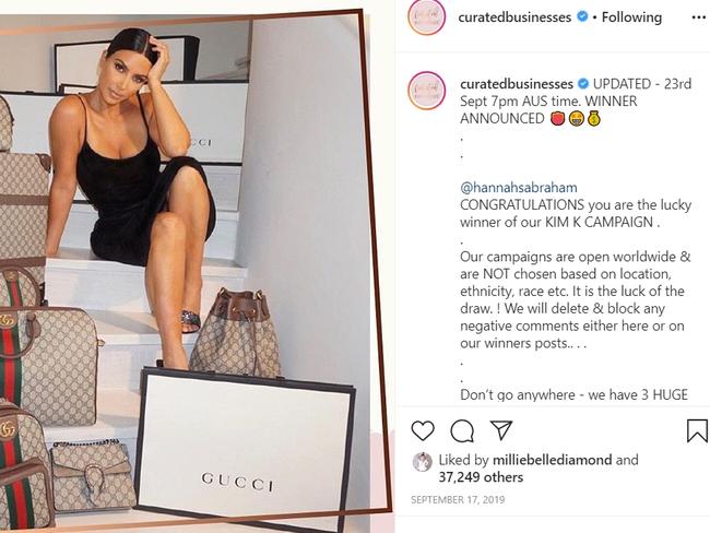 Kim Kardashian and Curated Businesses promoted the giveaway on Instagram. Picture: Supplied