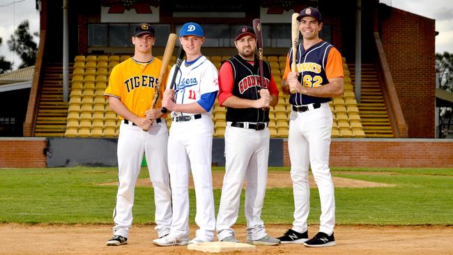 State League baseball players Mason Clavell (Glenelg), Kynan Skein (Golden Grove), Josh Cakebread (Goodwood), Matt Hutchings (Southern Districts). <br/>Picture: AAP/Sam Wundke