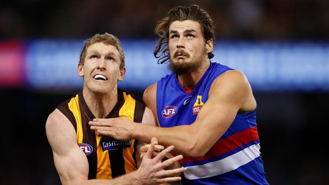 Ben McEvoy jostles with Tom Boyd. Picture: Getty Images