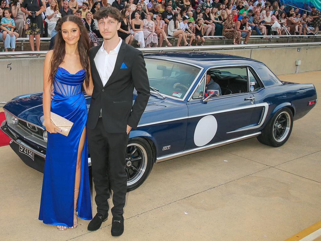 Connor Biggs and Tiesha Bowtell at the Red Carpet arrivals at Sea World for the Pimpama SHS Formal 2023. Picture: Glenn Campbell