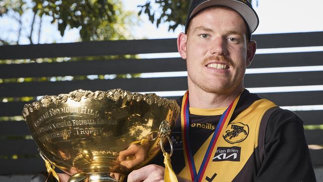 Toby Pink celebrating in Glengowrie, after his SANFL grand final win on Sunday, Monday, Sept. 25, 2023. Picture: Matt Loxton