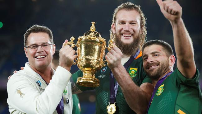 Rassie Erasmus joins in the celebrations after South Africa’s incredible World Cup win.